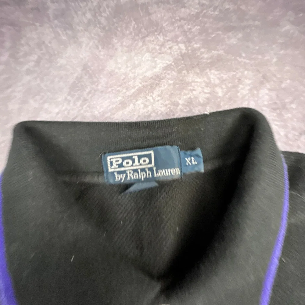 Vintage Polo Ralph Lauren XL Black Purple‎ Striped Pique Polo Shirt 90s Y2K